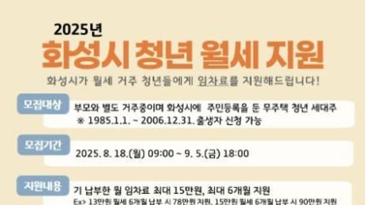 화성특례시, 하반기 청년 월세 지원 사업 신청자 모집