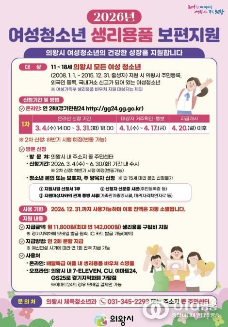 의왕시, 여성청소년 생리용품 보편지원 1차 신청 받아
